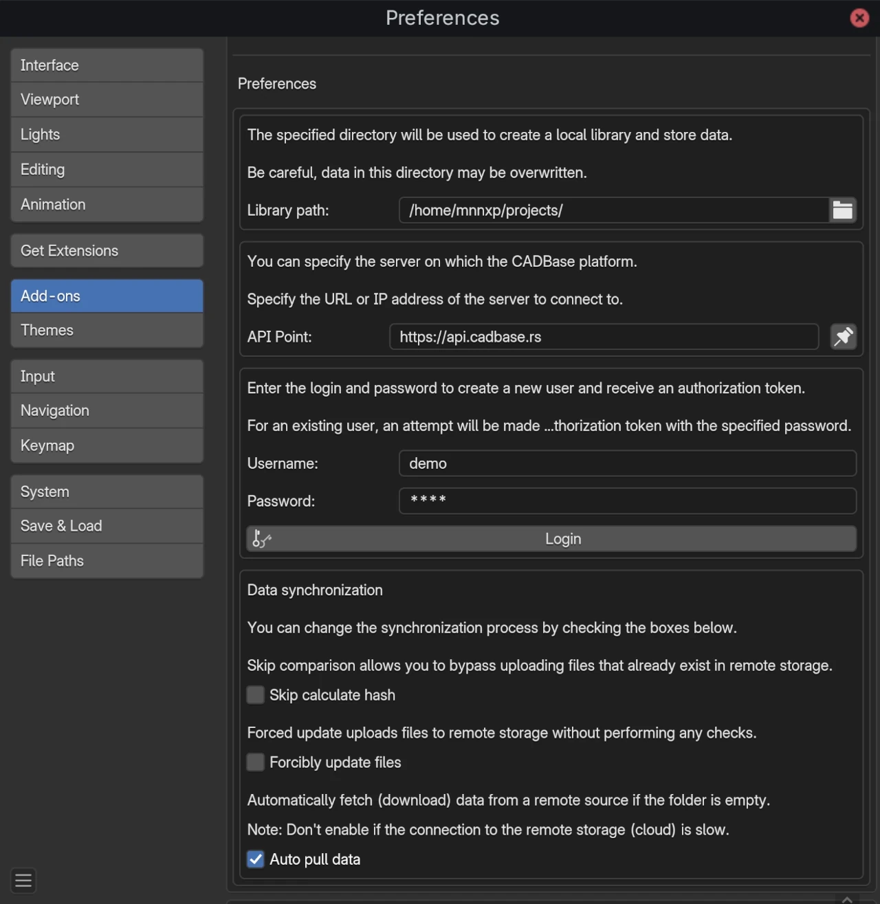 Blender 中 CADBase Library 设置界面